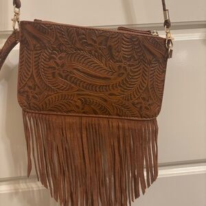 Brown Faux Leather Wristlet/Shoulder Bag – Paisley Embossed, Fringe Detail, Like